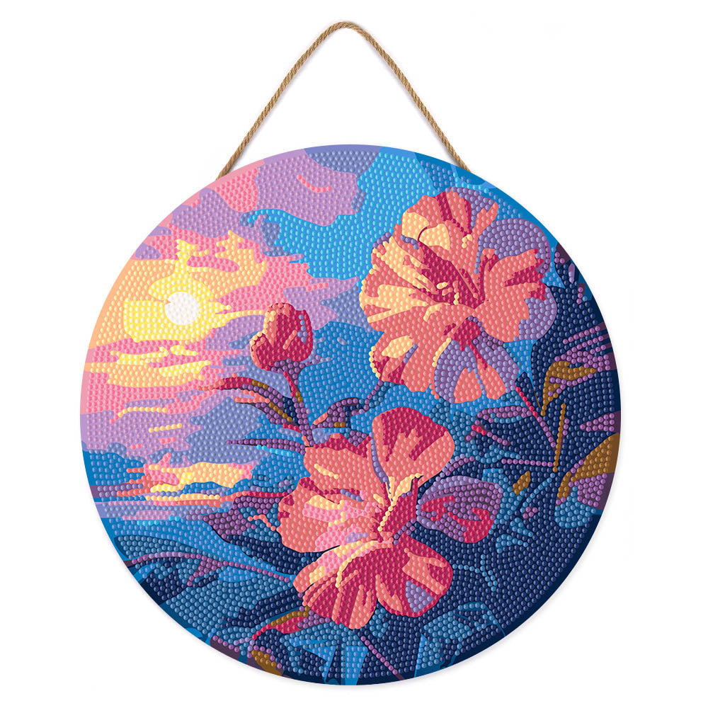 Diamond Painting on Wood Slice - Hibiscus at Sunset