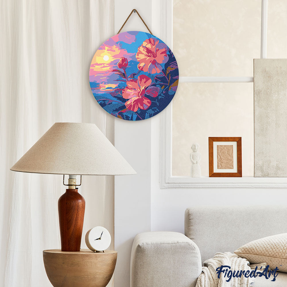 Diamond Painting on Wood Slice - Hibiscus at Sunset