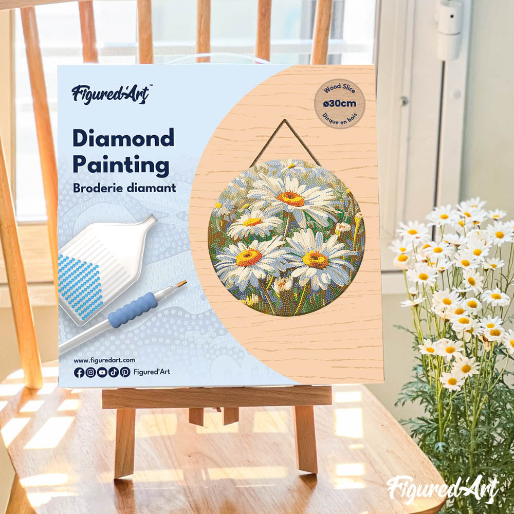 Diamond Painting on Wood Slice - Daisies