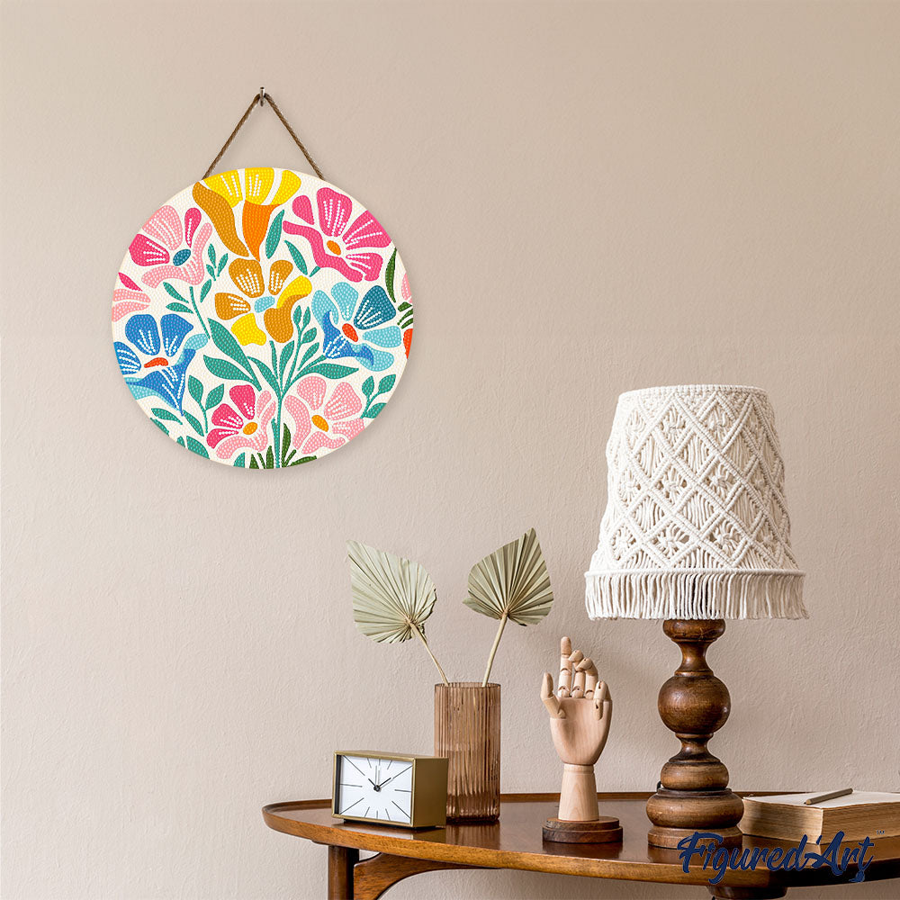 Diamond Painting on Wood Slice - Colorful Floral Pattern