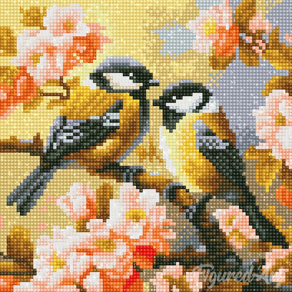 Mini Diamond Painting 10"x10" framed - Pair of Birds amidst Blossoms