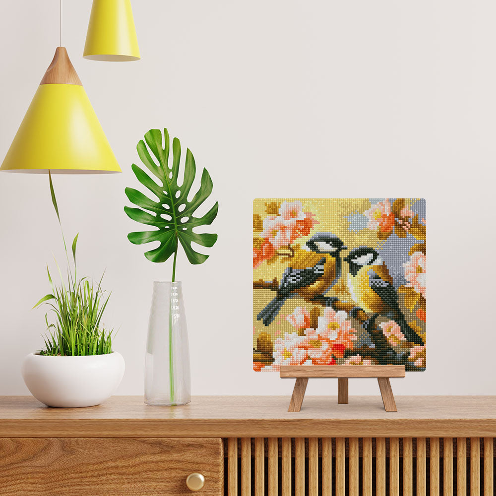 Mini Diamond Painting 10"x10" framed - Pair of Birds amidst Blossoms