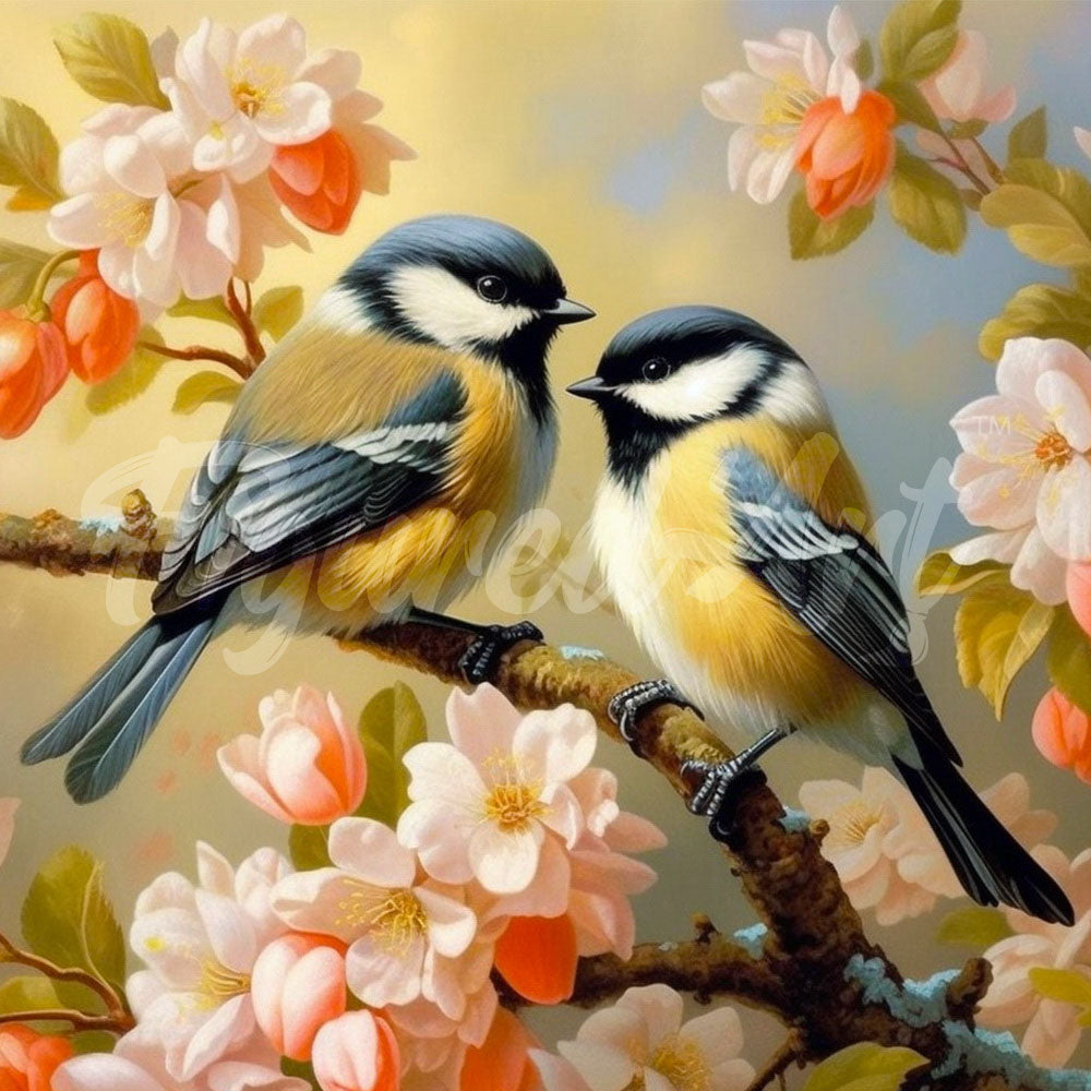 Mini Diamond Painting 10"x10" rolled - Pair of Birds amidst Blossoms