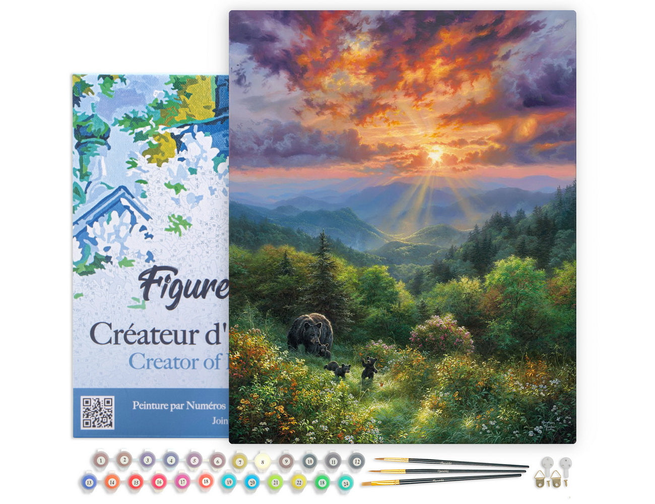 Paint by numbers kit Paint by Numbers Framed - Bear and Sunset Figured'Art