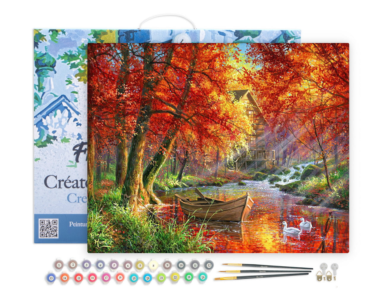 Paint by numbers kit Paint by Numbers Framed - Autumn River and Boat Figured'Art