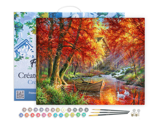 Paint by numbers kit Paint by Numbers Framed - Autumn River and Boat Figured'Art
