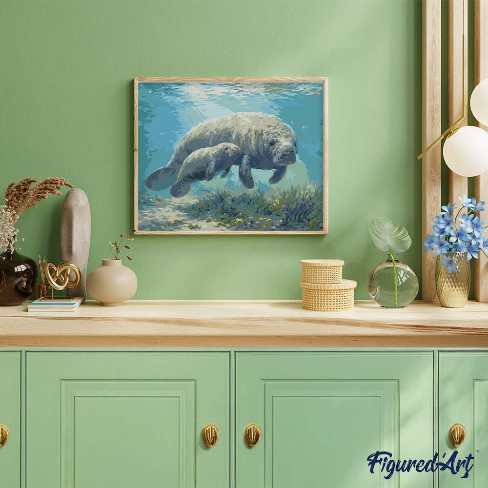 Paint by Numbers rolled - Manatee mom and baby cuddles