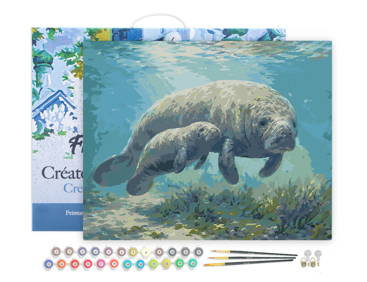 Paint by Numbers Framed - Manatee mom and baby cuddles FiguredArt