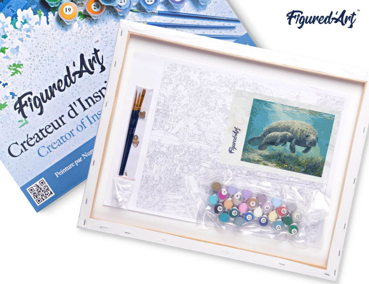 Paint by Numbers Framed - Manatee mom and baby cuddles