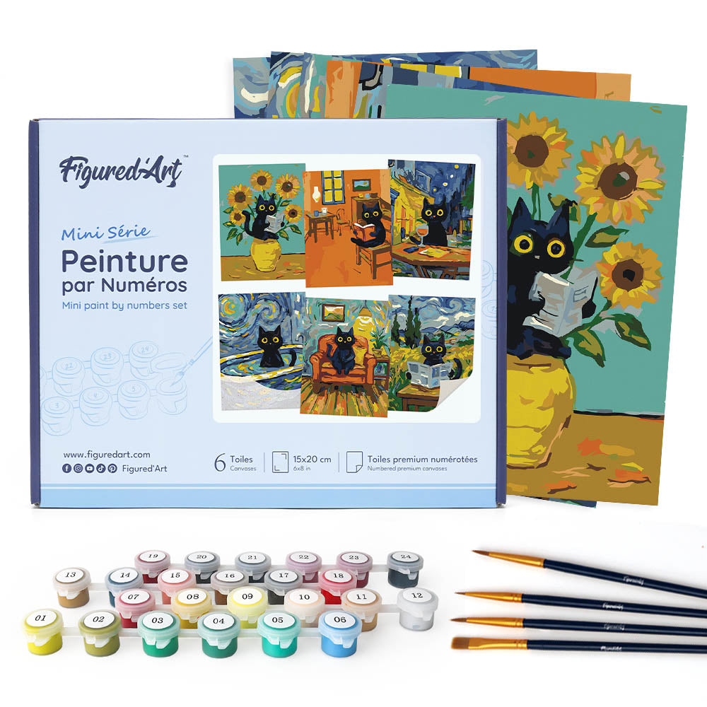 Mini Serie Mini Paint by numbers 6"x8" (6 pieces) - Van Gogh Style Cat FiguredArt