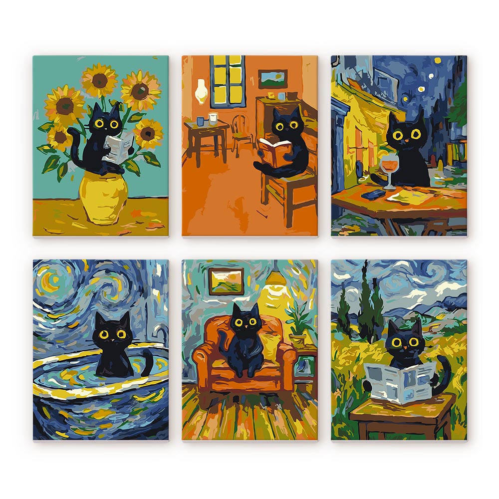 Mini Serie Mini Paint by numbers 6"x8" (6 pieces) - Van Gogh Style Cat