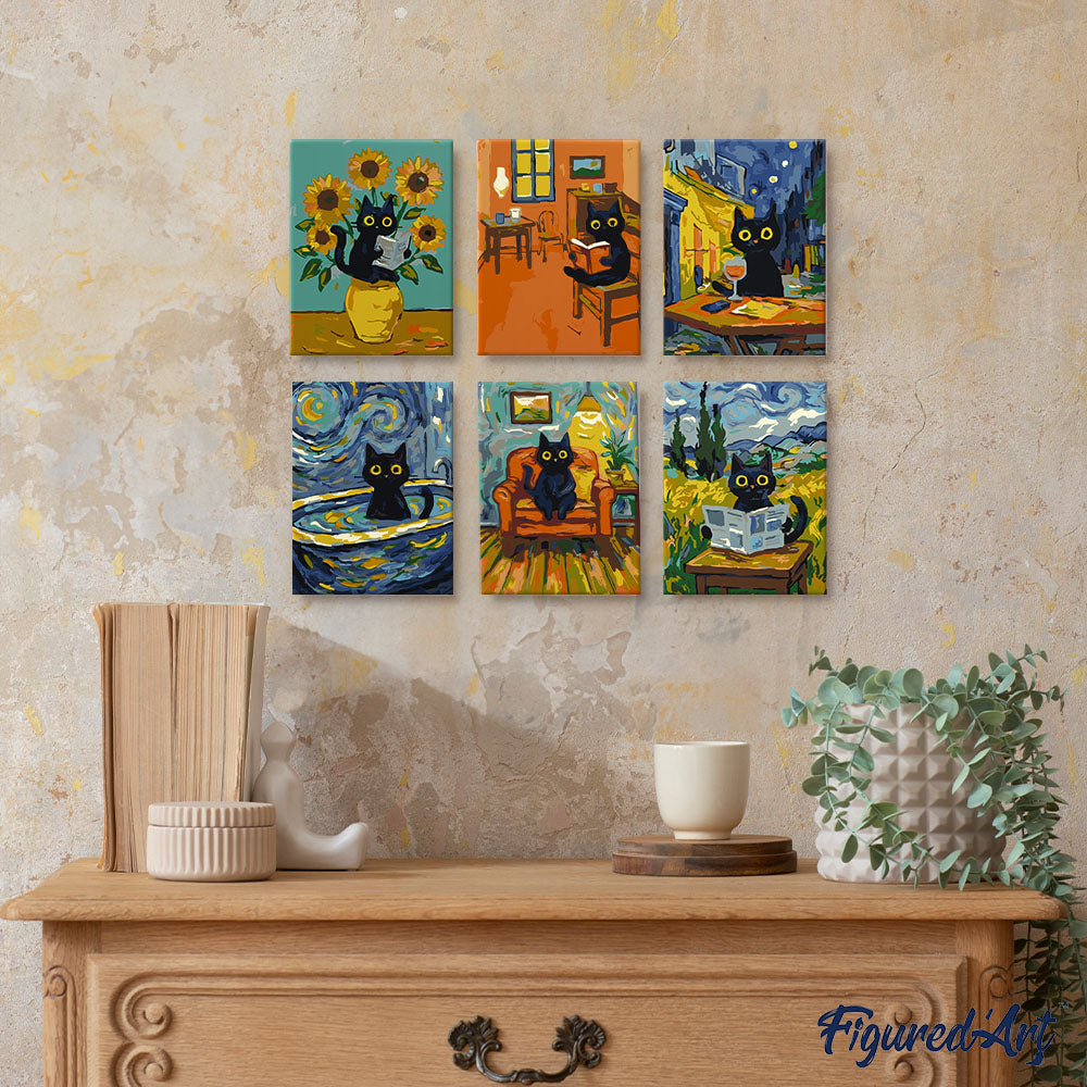 Mini Serie Mini Paint by numbers 6"x8" (6 pieces) - Van Gogh Style Cat