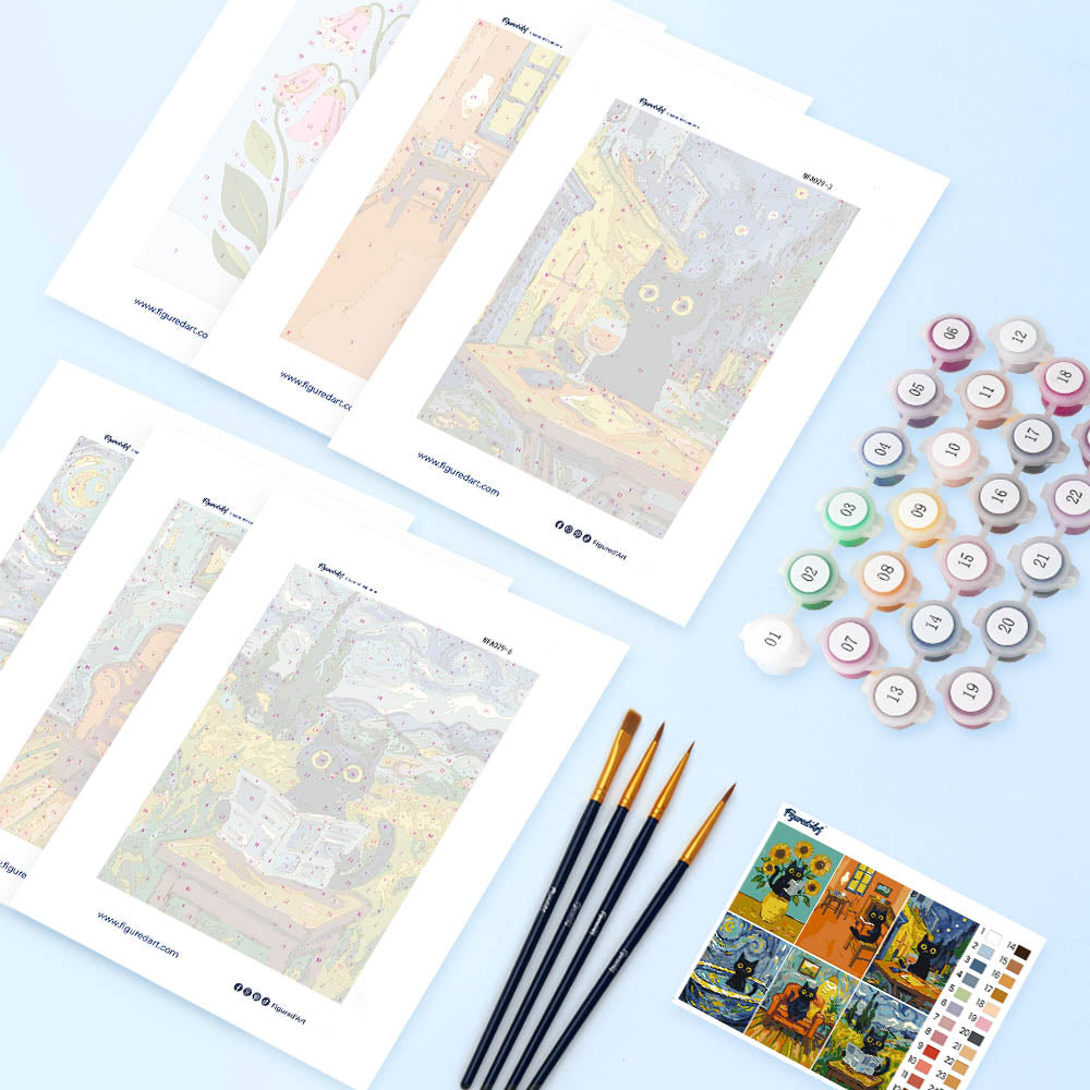 Mini Serie Mini Paint by numbers 6"x8" (6 pieces) - Van Gogh Style Cat