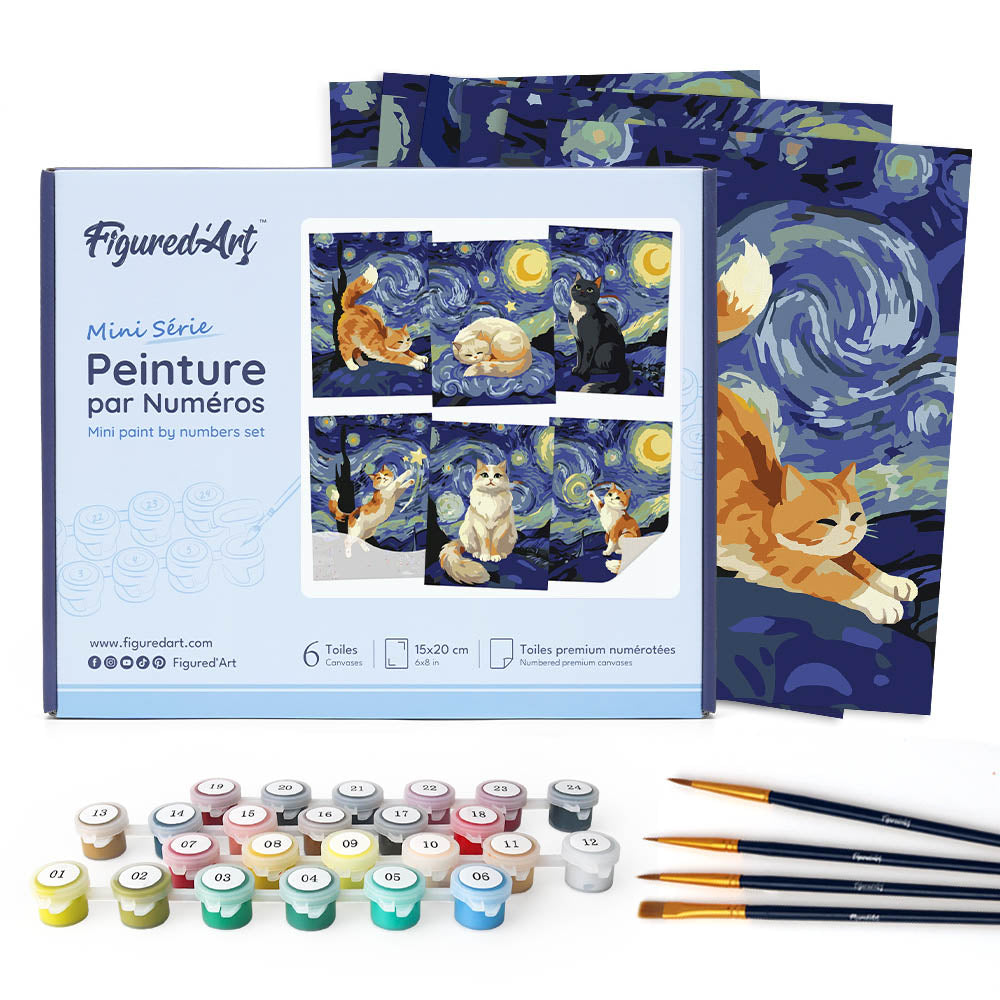 Mini Serie Paint by numbers 6"x8" (6 pieces) - Starry Night Cats FiguredArt