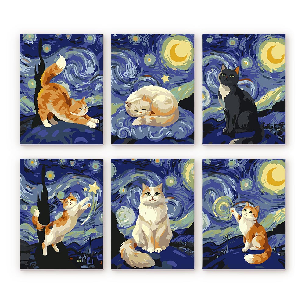 Mini Serie Paint by numbers 6"x8" (6 pieces) - Starry Night Cats
