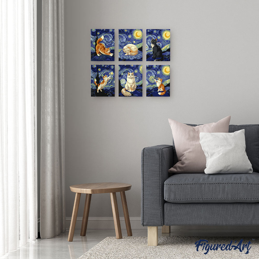 Mini Serie Paint by numbers 6"x8" (6 pieces) - Starry Night Cats