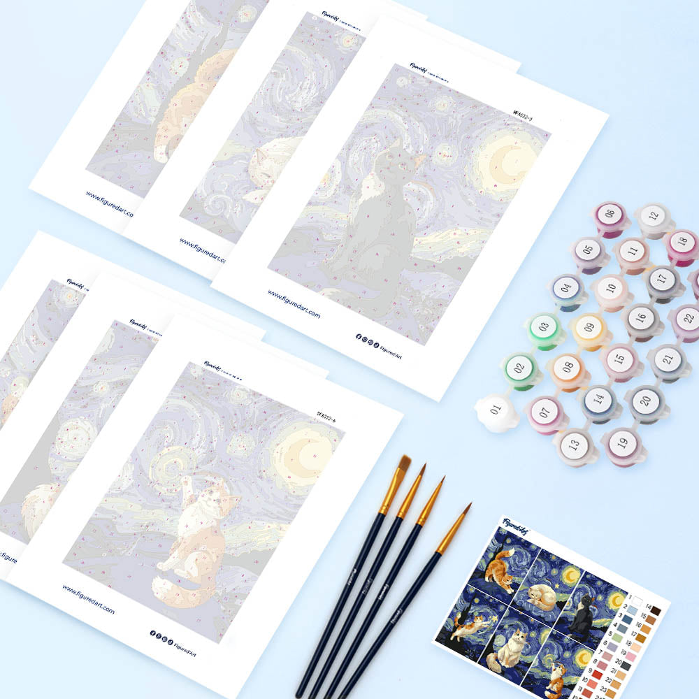 Mini Serie Paint by numbers 6"x8" (6 pieces) - Starry Night Cats