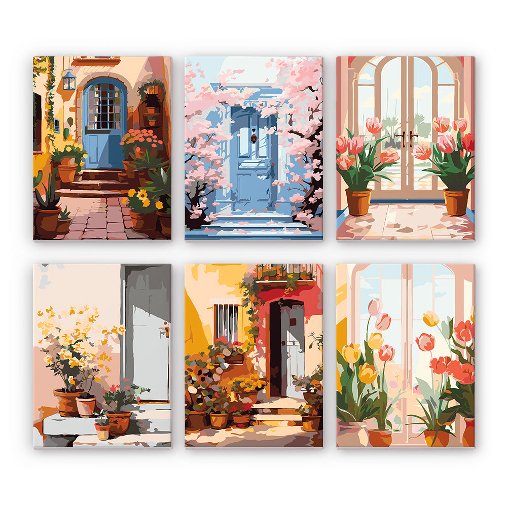 Mini Serie Paint by numbers 6"x8" (6 pieces) - European Architecture and Flowers