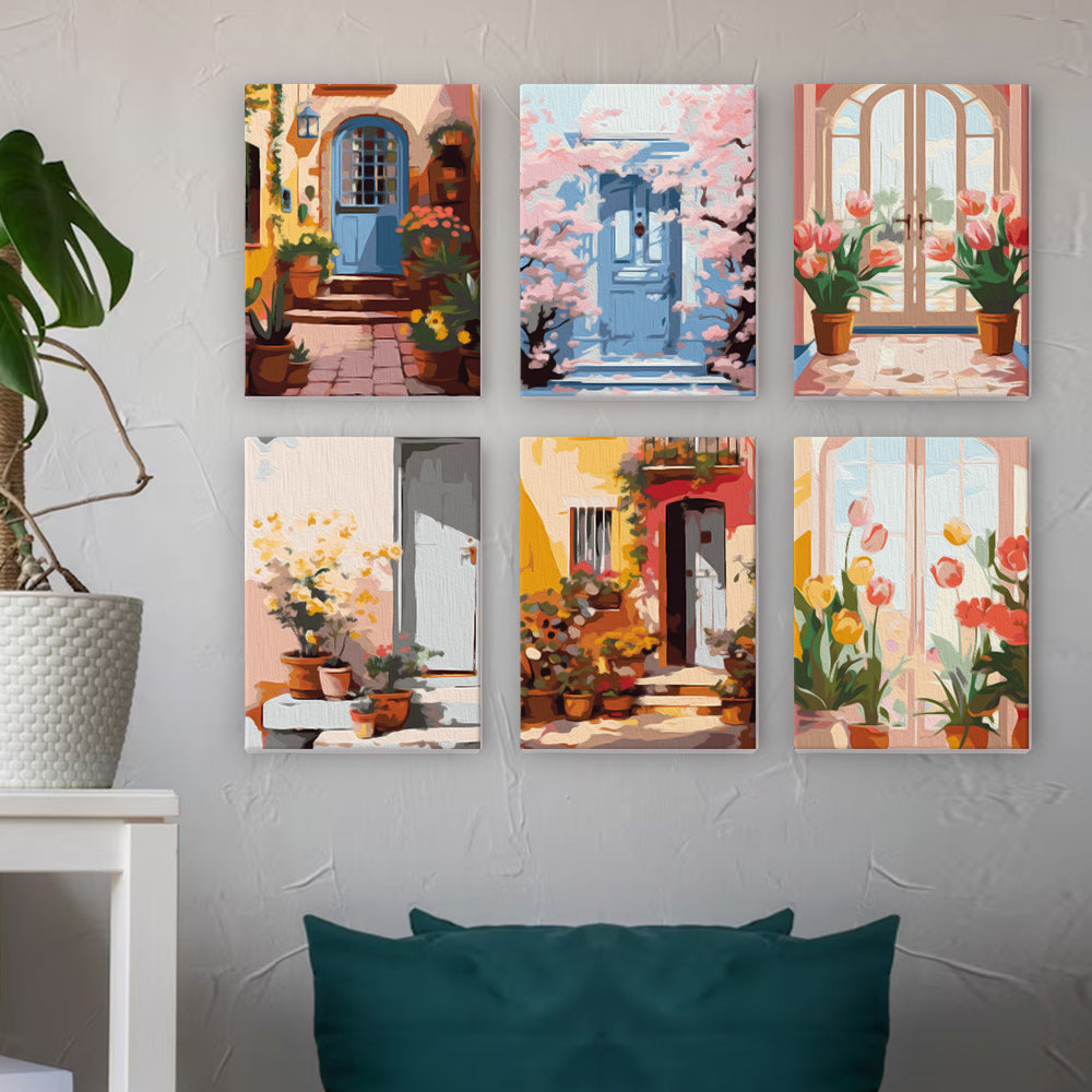 Mini Serie Paint by numbers 6"x8" (6 pieces) - European Architecture and Flowers