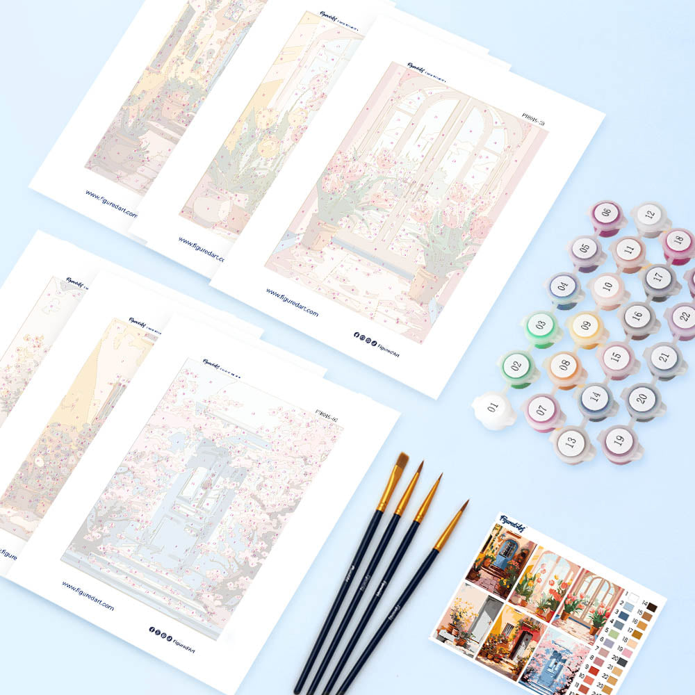Mini Serie Paint by numbers 6"x8" (6 pieces) - European Architecture and Flowers