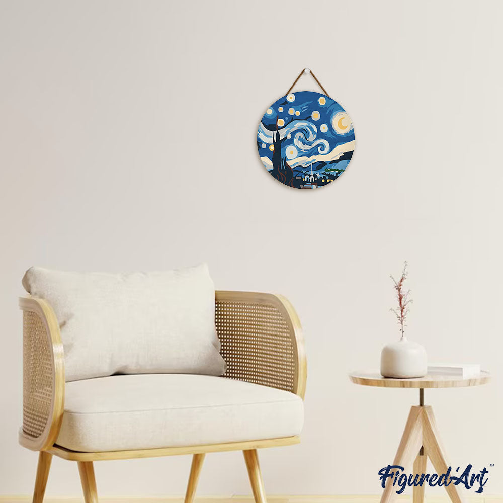 Paint by numbers on Wood Slice - Starry Night