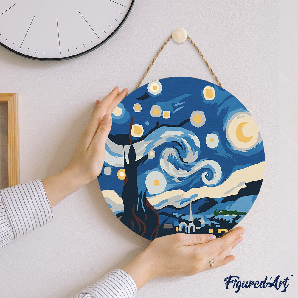 Paint by numbers on Wood Slice - Starry Night