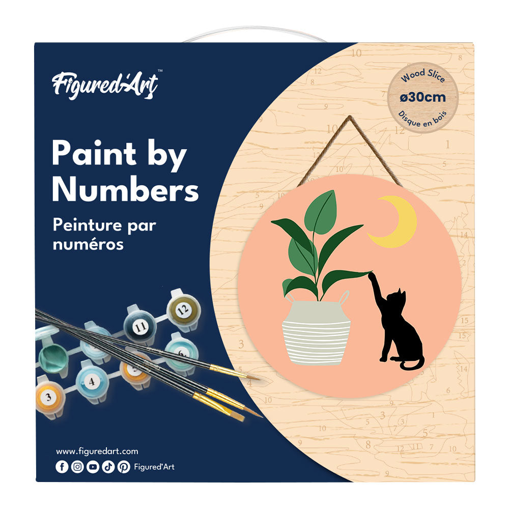 Paint by numbers on Wood Slice - Cat plays with plant in the moonlight
