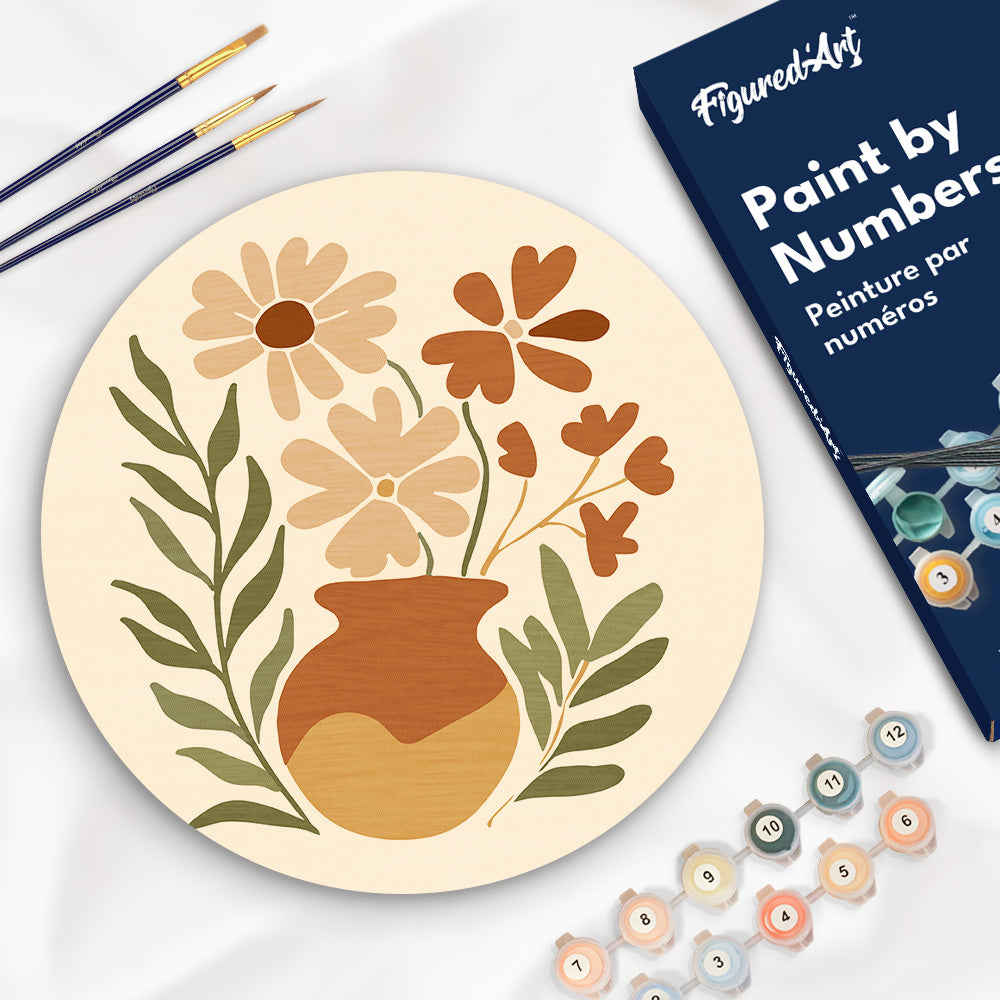 Paint by numbers on Wood Slice - Pot of Flowers Figured'Art USA