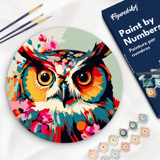 Paint by numbers on Wood Slice - Fantasy owl with flowers Figured'Art USA