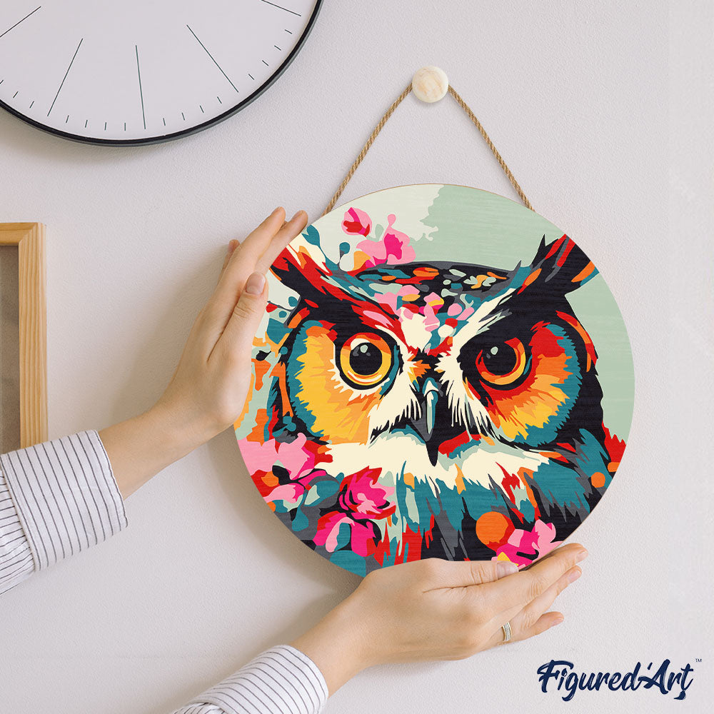 Paint by numbers on Wood Slice - Fantasy owl with flowers