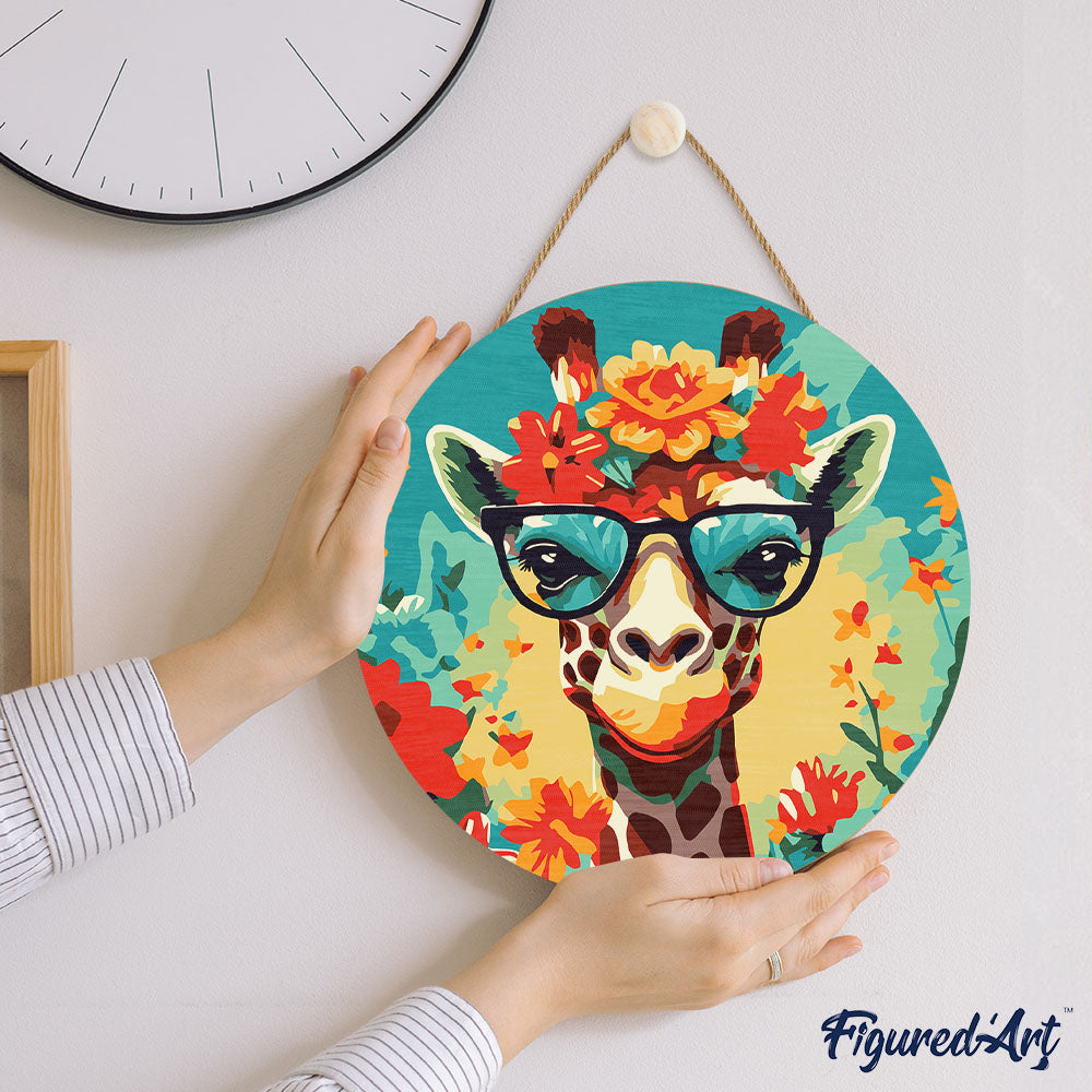 Paint by numbers on Wood Slice - Fantasy Giraffe and Flowers