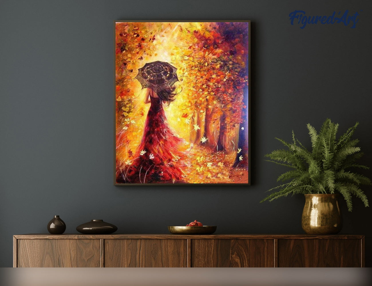 Paint by Numbers Framed - Autumn Forest and Woman with Umbrella