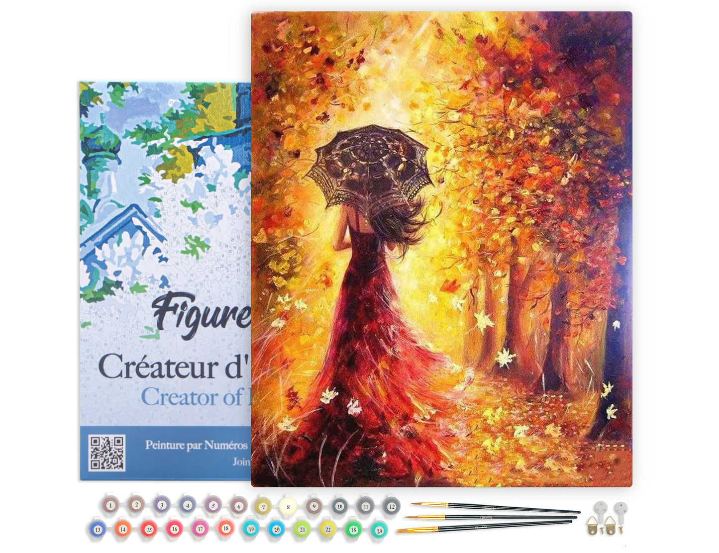 Paint by Numbers Framed - Autumn Forest and Woman with Umbrella