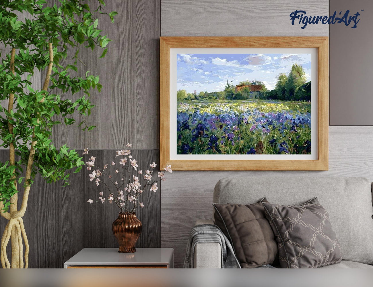 Paint by Numbers Framed - Countryside field and Blue Flowers