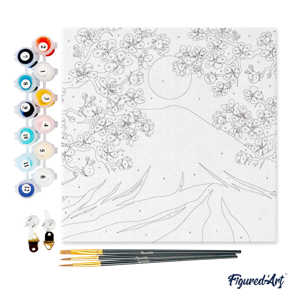Mini Paint by numbers 8"x8" framed - Cherry blossom and Mount Fuji