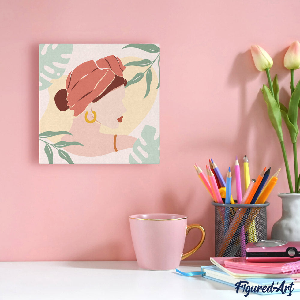 Mini Paint by numbers 8"x8" framed - Abstract Woman in Blush Red Turban