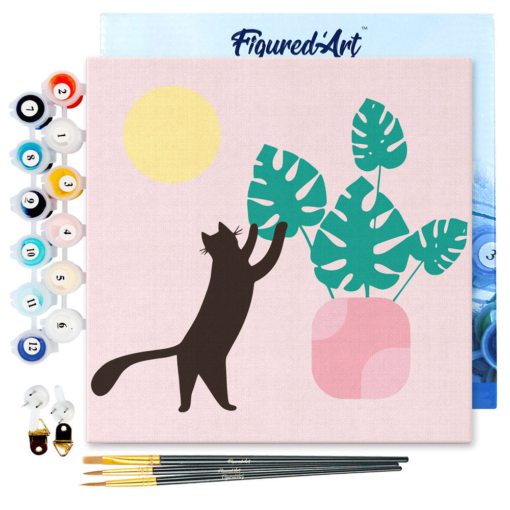 Mini Paint by numbers 8"x8" framed - Cat plays with Monstera