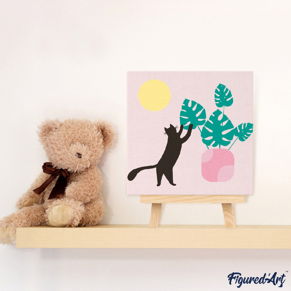 Mini Paint by numbers 8"x8" framed - Cat plays with Monstera