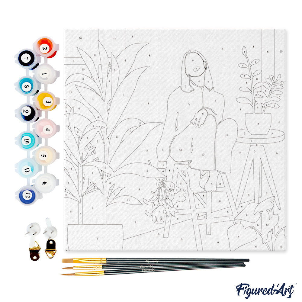 Mini Paint by numbers 8"x8" framed - Woman in the room with plants