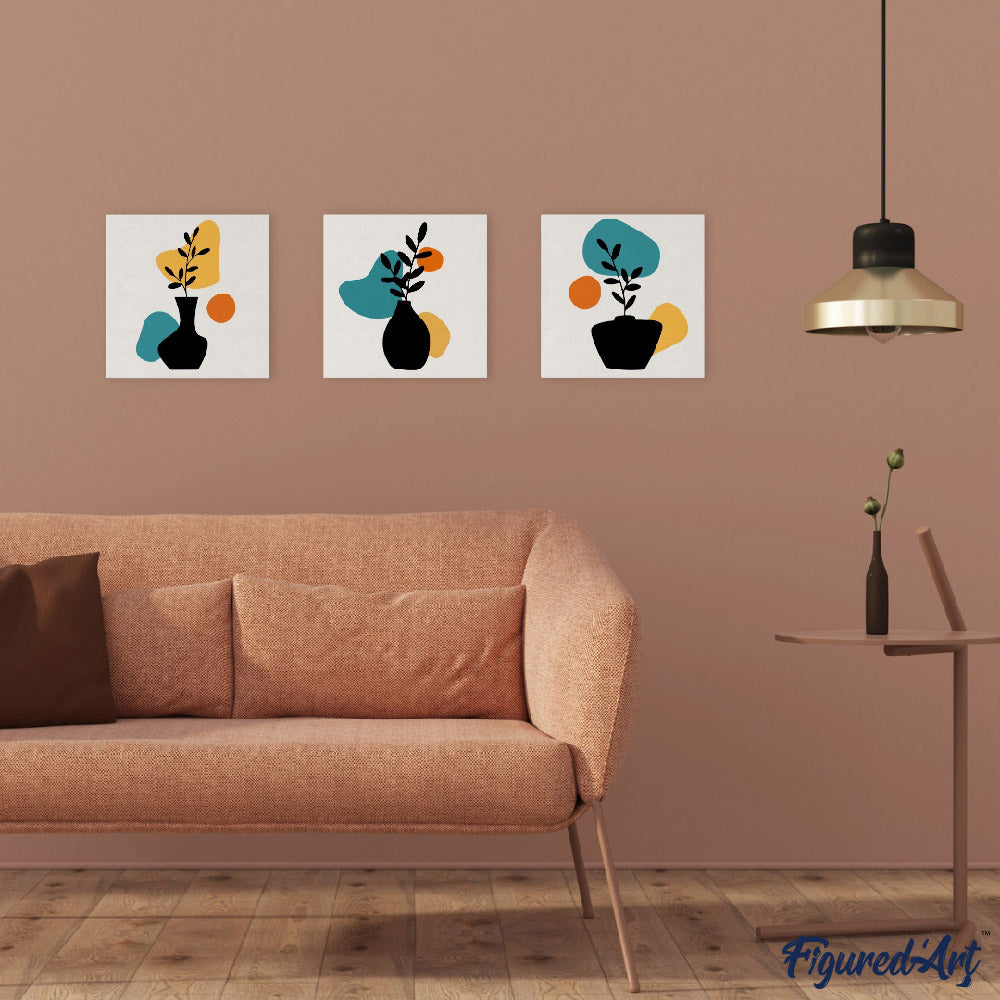 Mini Paint by numbers 8"x8" framed - Abstract Plant Pot Set 1 of 3