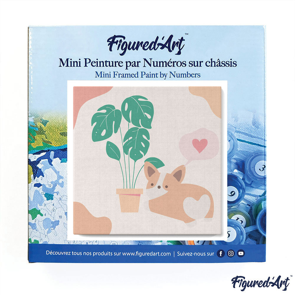 Mini Paint by numbers 8"x8" framed - Little Puppy Loves Monstera