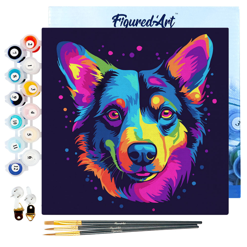 Mini Paint by numbers 8"x8" framed - Neon Dog Abstract Pop Art