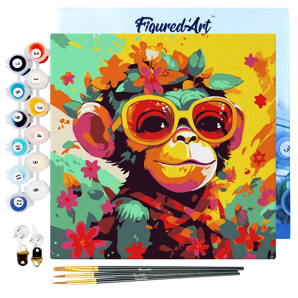 Mini Paint by numbers 8"x8" framed - Fantasy monkey and flowers