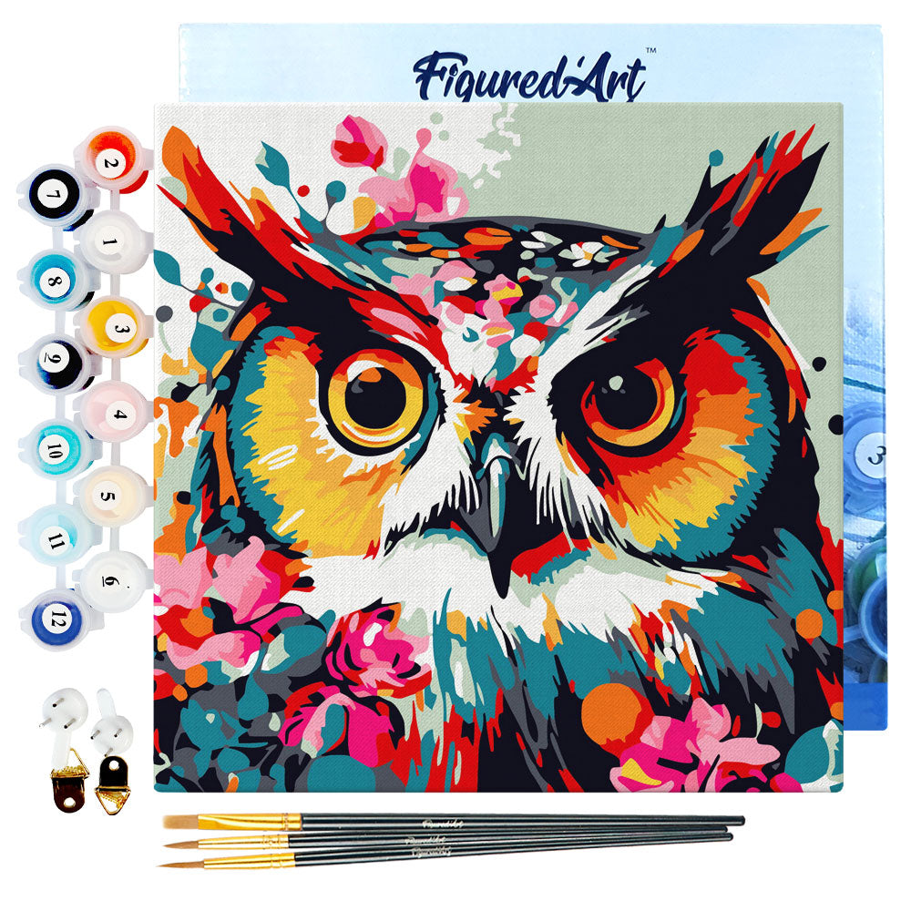 Mini Paint by numbers 8"x8" framed - Fantasy owl with flowers