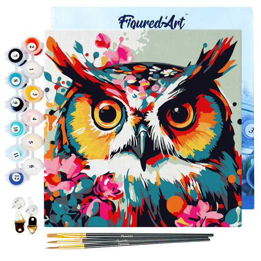 Mini Paint by numbers 8"x8" framed - Fantasy owl with flowers