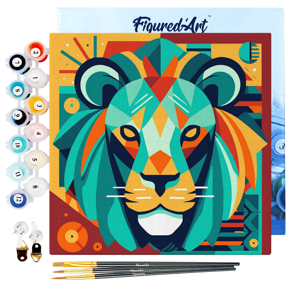 Mini Paint by numbers 8"x8" framed - Lion Art-Deco Inspired Abstract