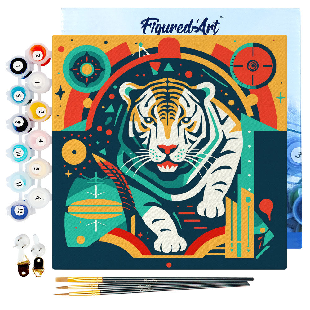 Mini Paint by numbers 8"x8" framed - Tiger Art-Deco Inspired Abstract
